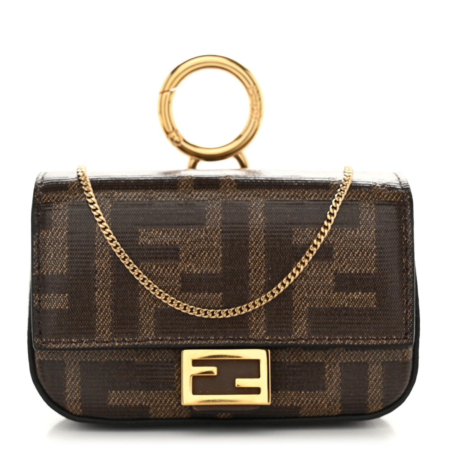 Fendi Glazed Fabric FF 1974 Nano Baguette Charm Mogano Panna 1 of 9