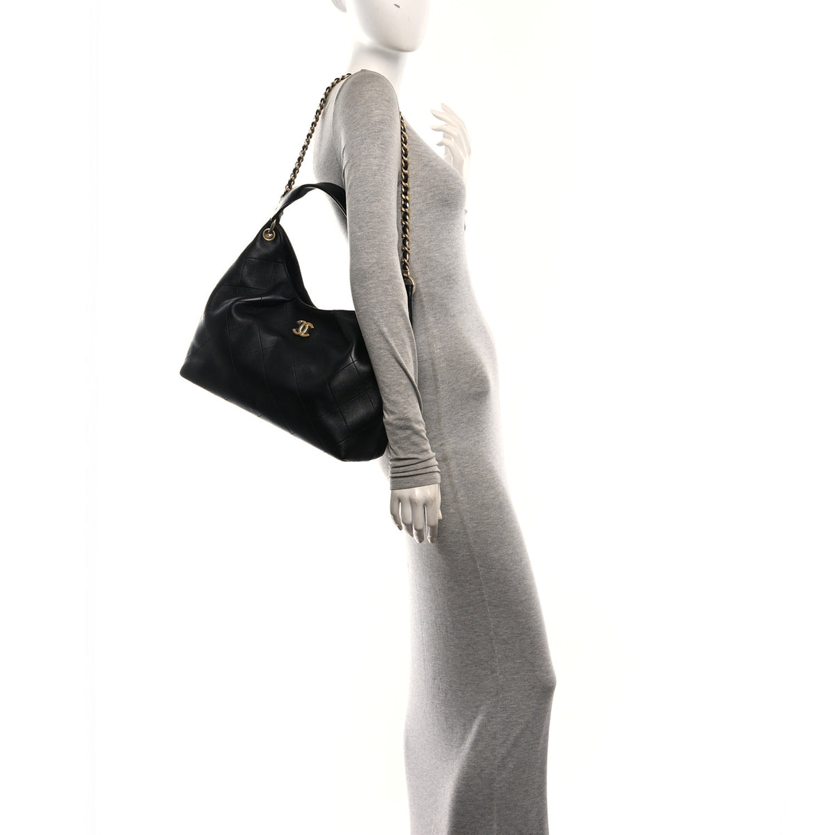 Calfskin Quilted Maxi Hobo Black