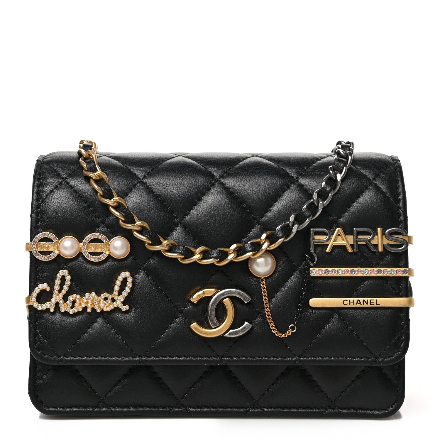 1344036 Chanel Lambskin Quilted Coco Clips Mini Wallet On Chain WOC Black ...