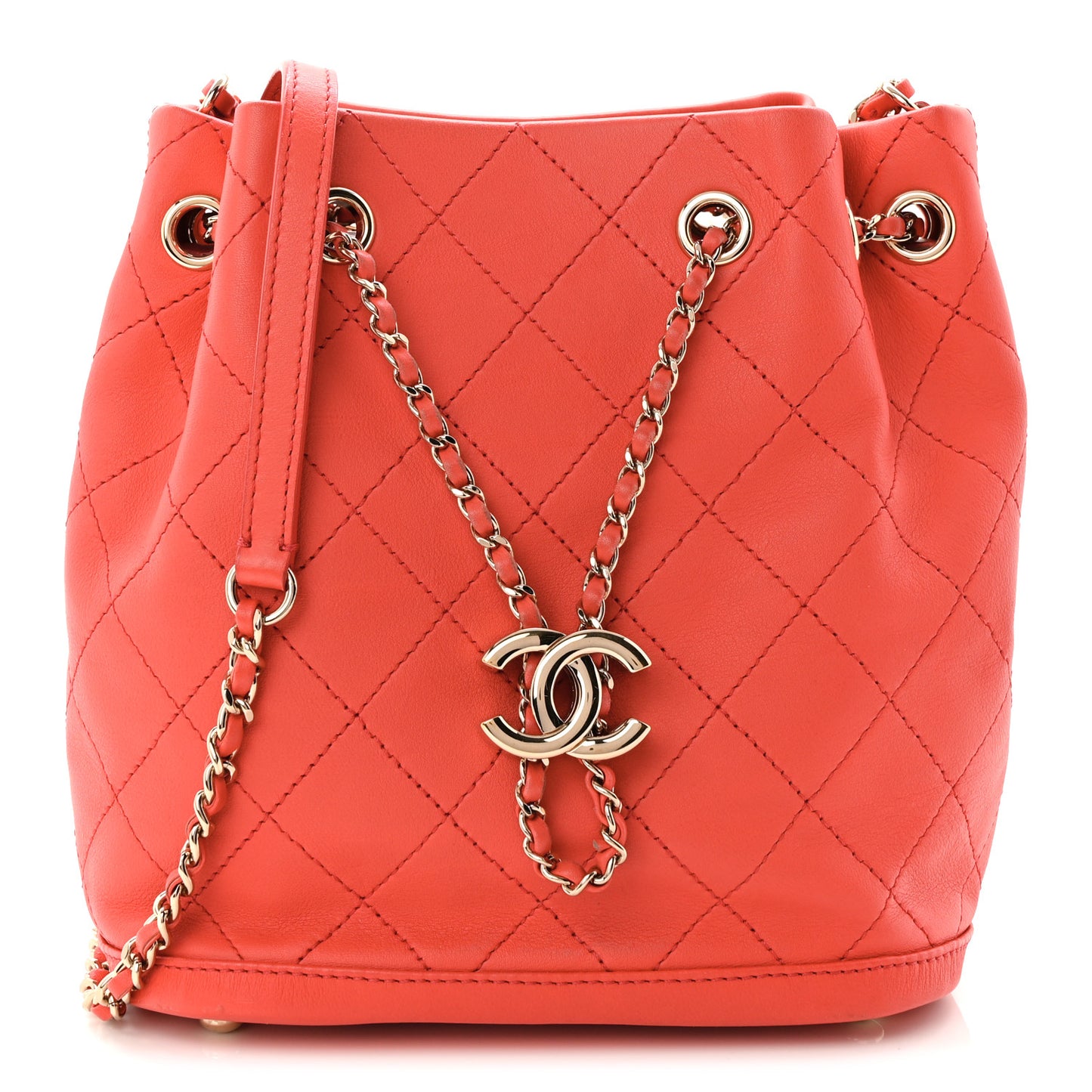 Calfskin Stitched Chain Bucket Bag Coral