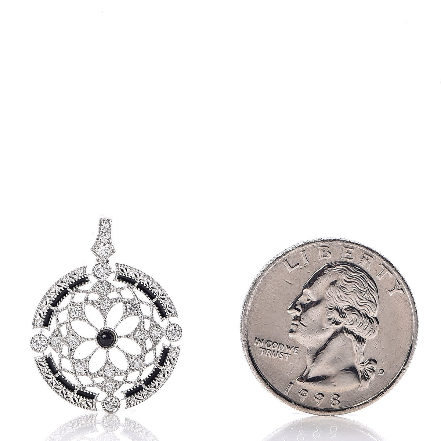 18K White Gold Enamel Diamond Black Onyx Round Pendant