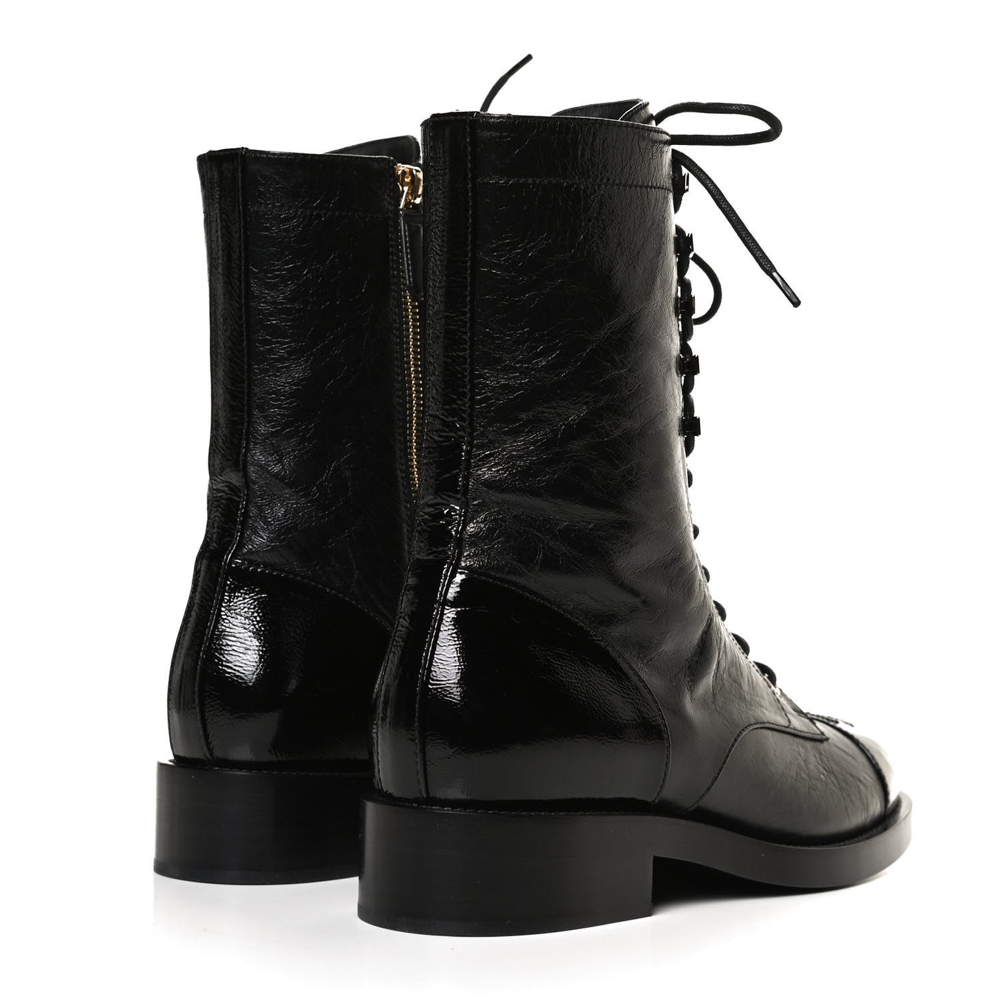Crumpled Lambskin Shiny Calfskin Lace Up Combat Boots 40.5 Black
