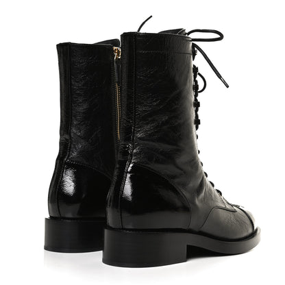 Chanel Crumpled Lambskin Shiny Calfskin Lace Up Combat Boots 40.5 Black 4 of 10