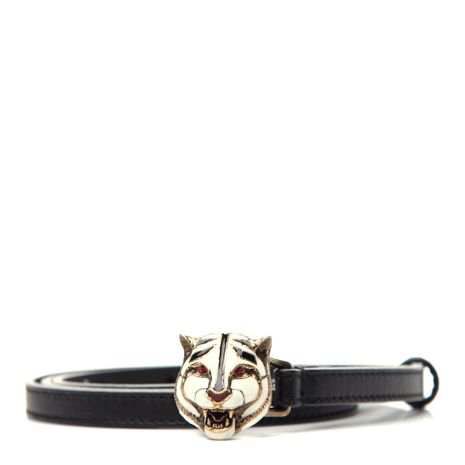 Gucci Calfskin Crystal Tiger Head Buckle Thin Belt 85 34 Black 1 of 5