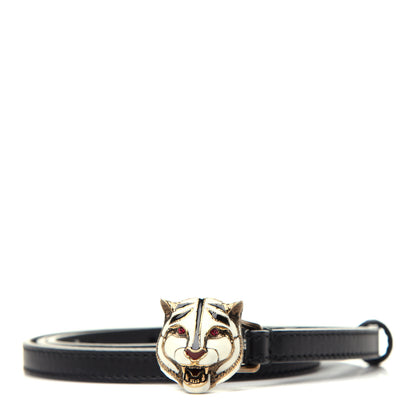 Gucci Calfskin Crystal Tiger Head Buckle Thin Belt 85 34 Black 1 of 5