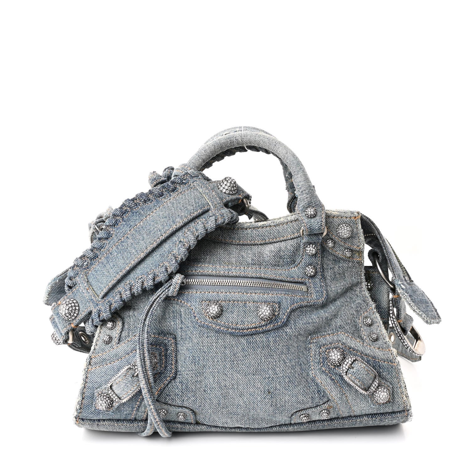 Balenciaga Washed Frayed Denim Crystal Neo Cagole Handbag XS Blue 1 of 11