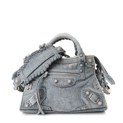 Balenciaga Washed Frayed Denim Crystal Neo Cagole Handbag XS Blue 1 of 11
