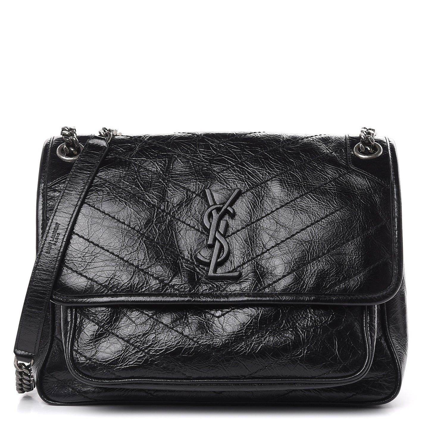 Crinkled Calfskin Matelasse Monogram Medium Niki Chain Satchel Black