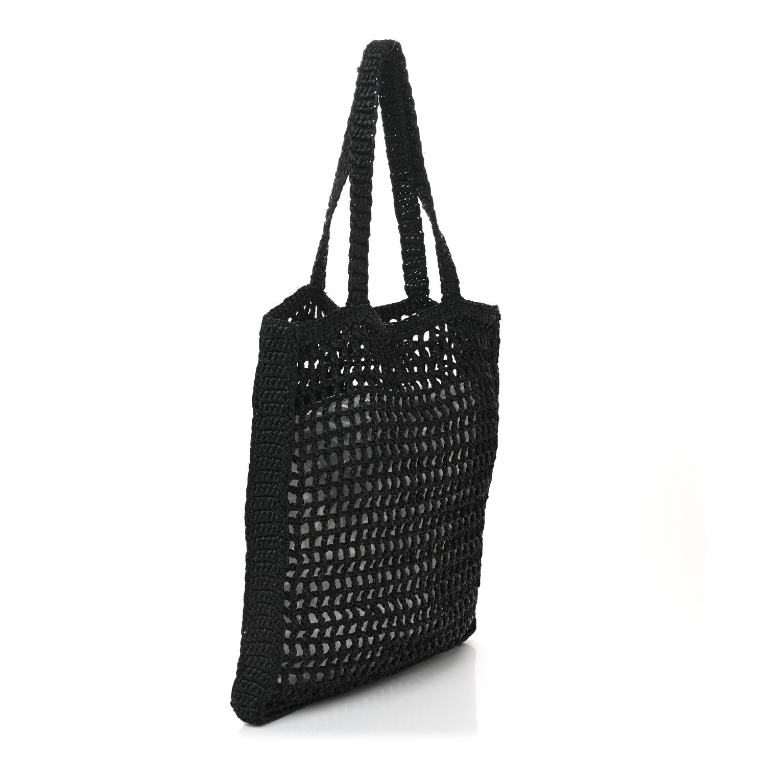 Prada Yarn Raffia Effect Crochet Logo Embroidered Tote Bag Black 3 of 9