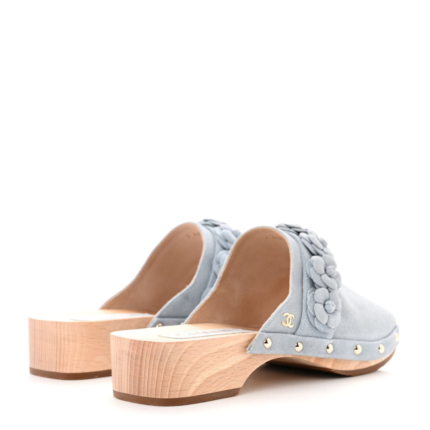 Suede Calfskin Camellia Mules 38 Light Blue