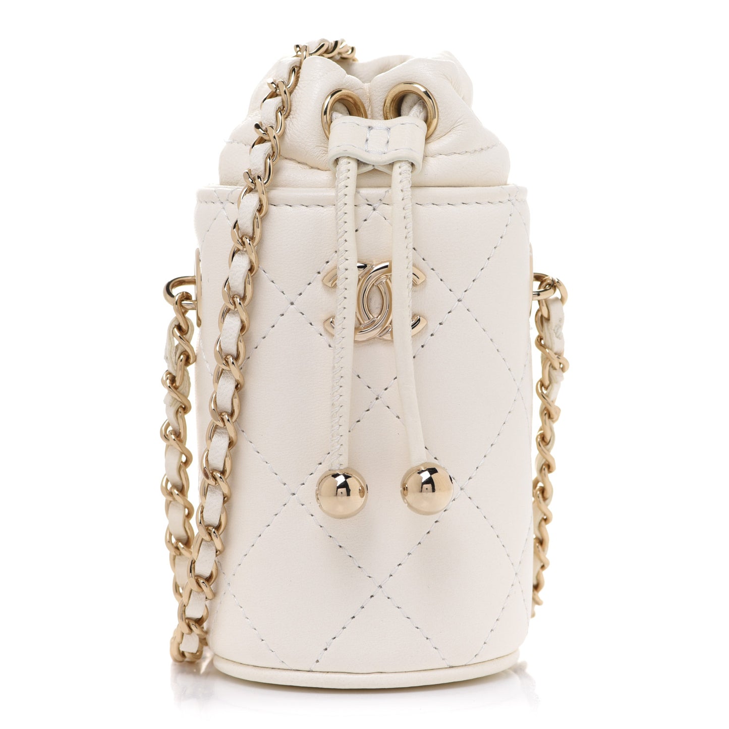 Lambskin Quilted Mini Bucket Bag With Chain White