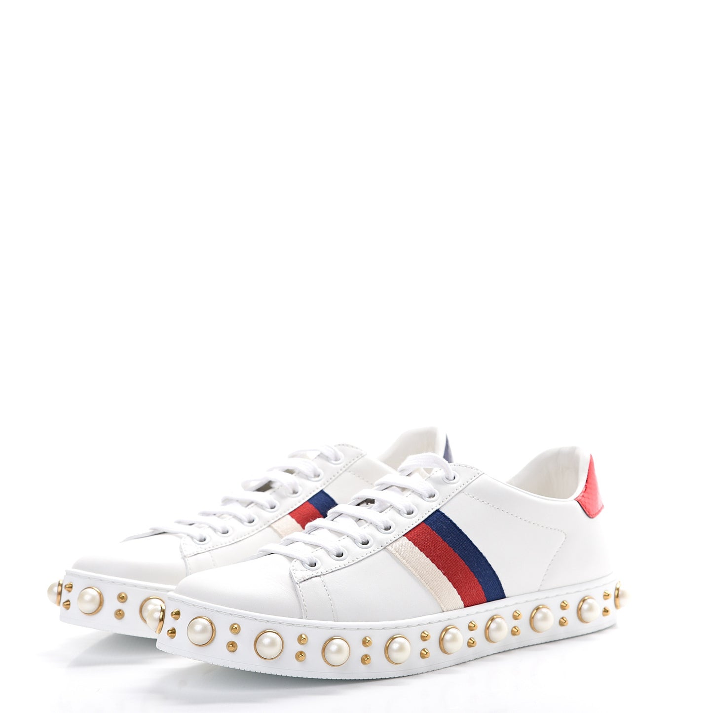 Calfskin Ayers Web Pearl Studded Womens Ace Sneakers 38.5 White