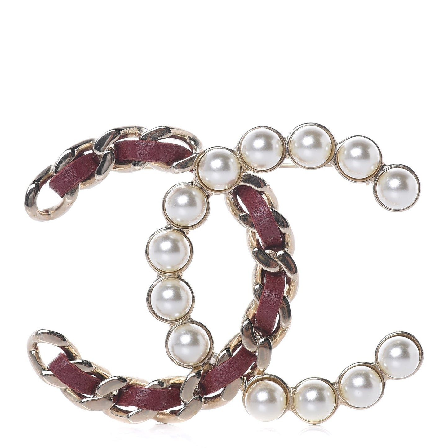 Calfskin Pearl CC Chain Brooch Burgundy Gold