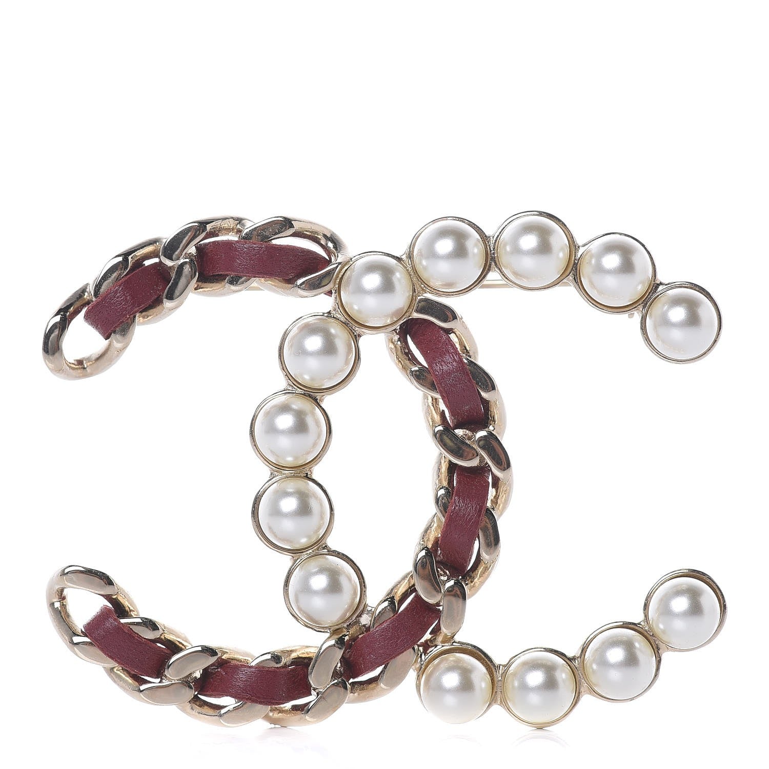Chanel Calfskin Pearl CC Chain Brooch Burgundy Gold 1 of 5