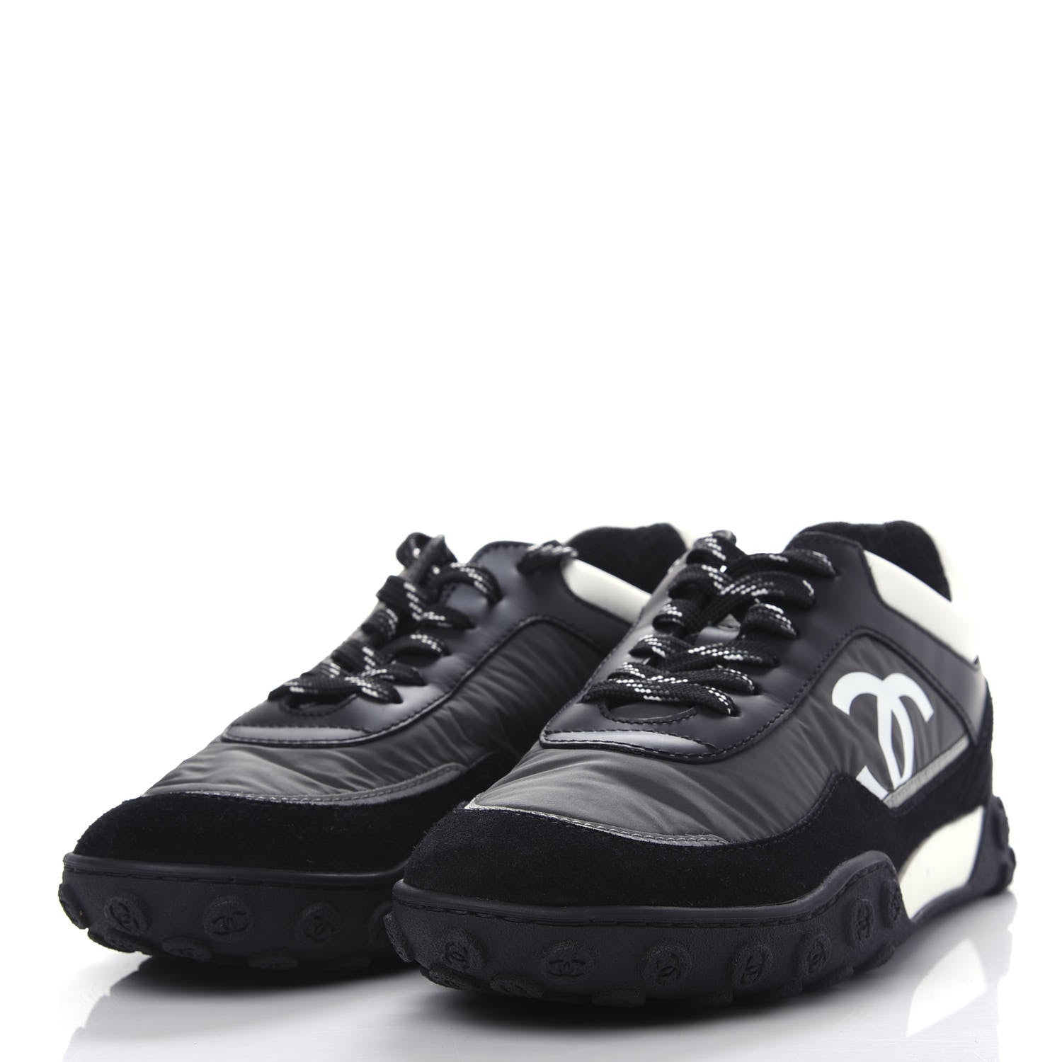 Chanel Nylon Calfskin Suede CC Sneakers 36.5 Grey Black White 3 of 10