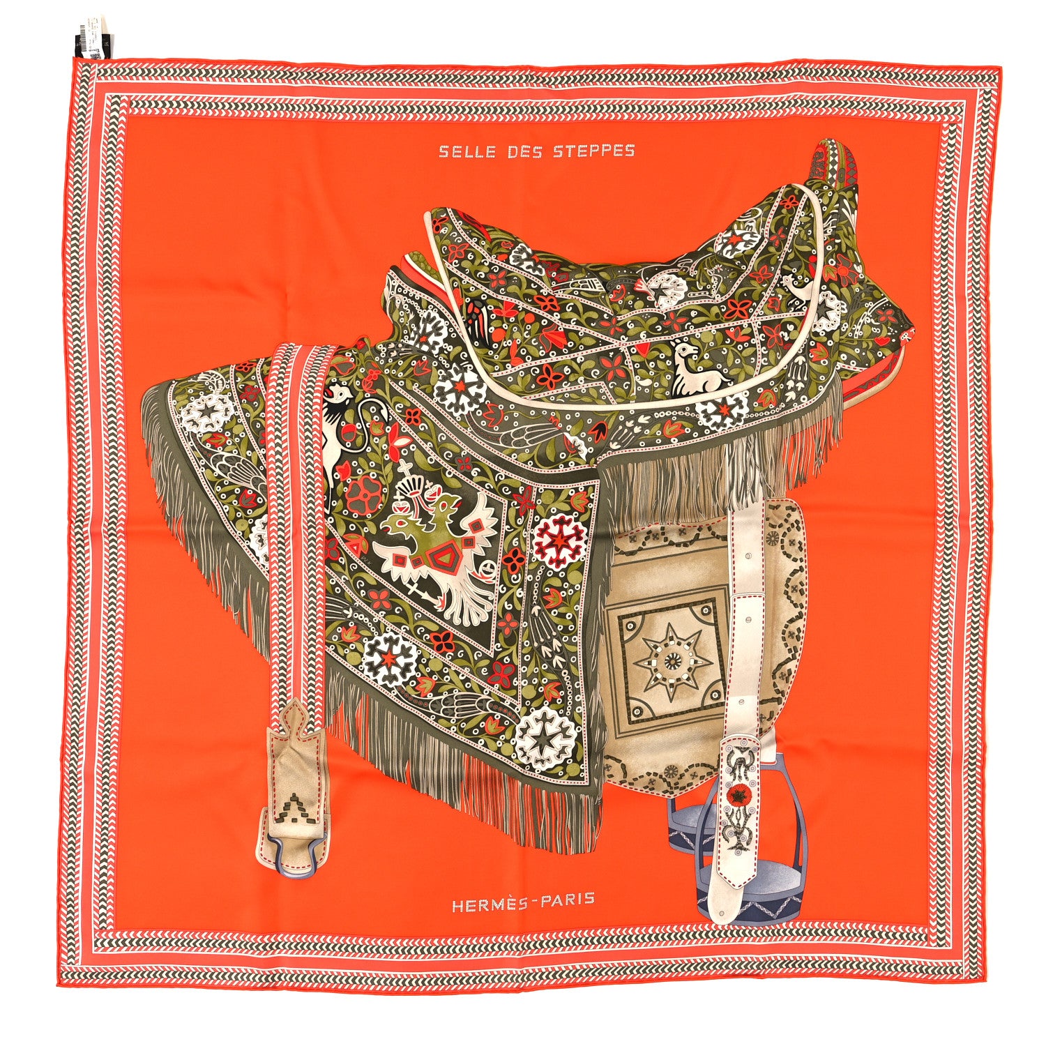 Hermes Silk Selle Des Steppes Scarf 90 Orange Kaki Corail 1 of 3