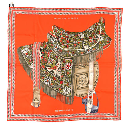 Hermes Silk Selle Des Steppes Scarf 90 Orange Kaki Corail 1 of 3