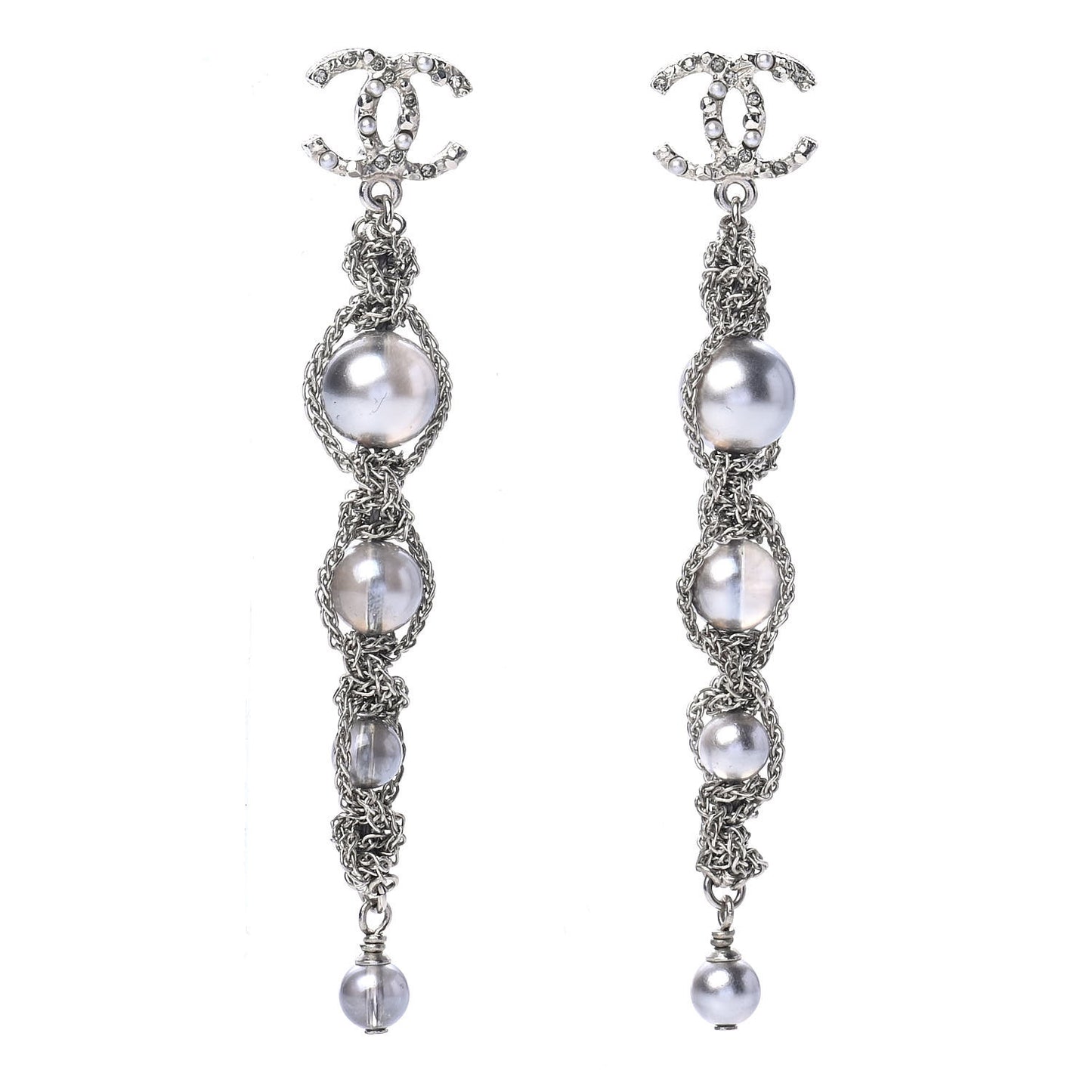 Pearl Crystal CC Chain Drop Earrings Silver