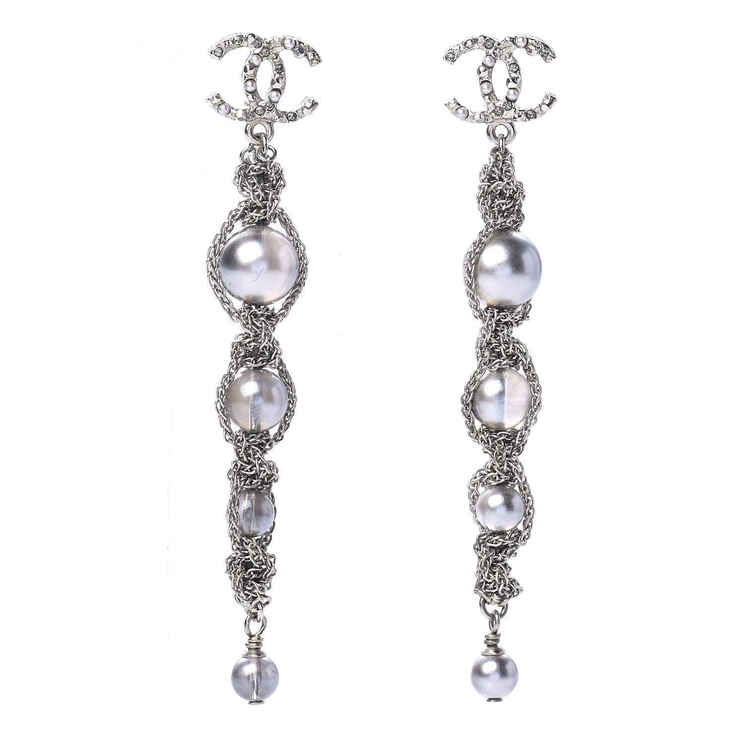 Chanel Pearl Crystal CC Chain Drop Earrings Silver 1 of 4