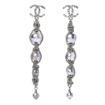 Chanel Pearl Crystal CC Chain Drop Earrings Silver 1 of 4