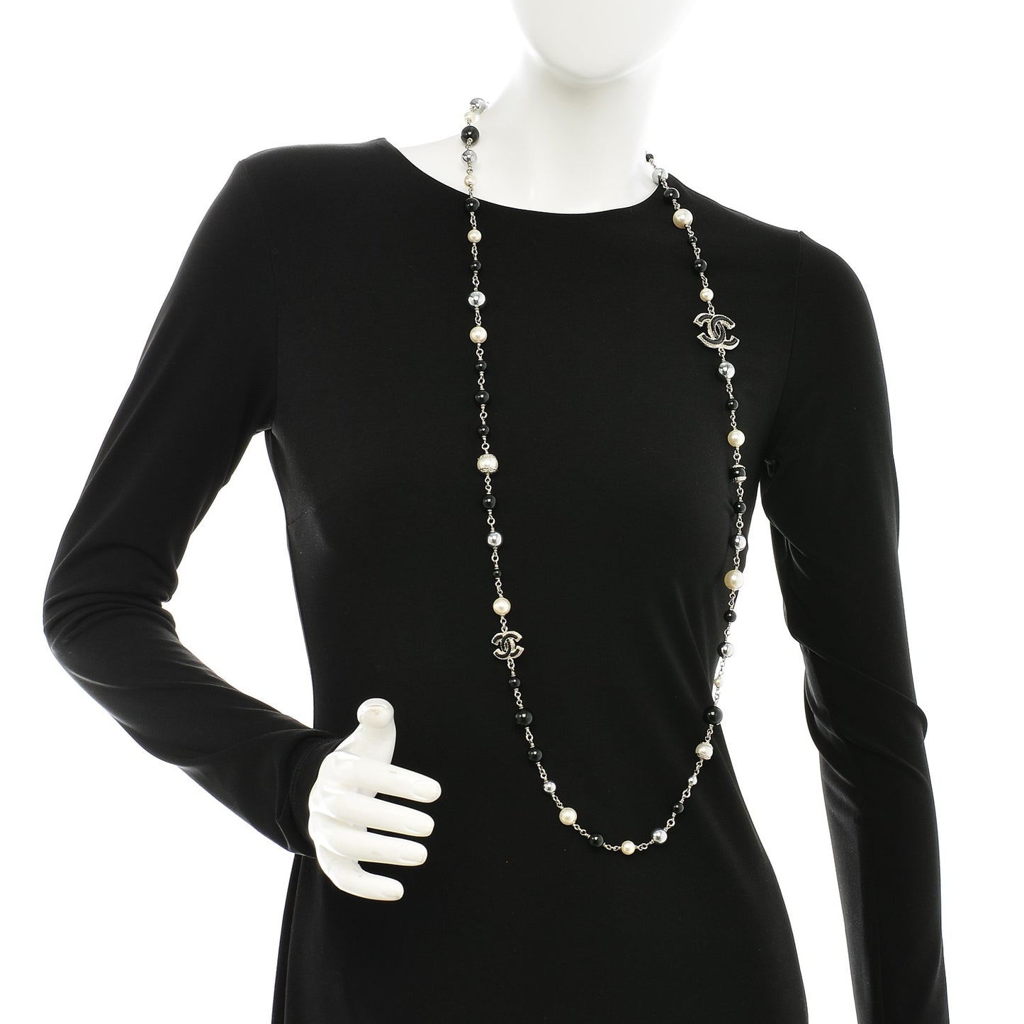 Pearl Beaded CC Long Necklace Black