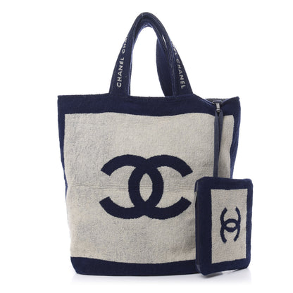 Chanel Terry Cotton CC Beach Tote Towel Set Navy Blue Beige 1 of 15