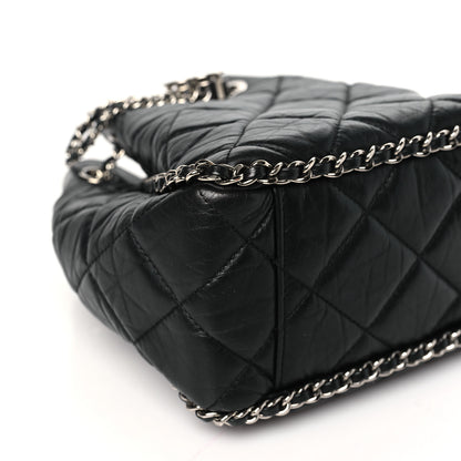 Chanel Crumpled Calfskin Quilted Chain All Over Drawstring Bucket Bag Black 9 of 10