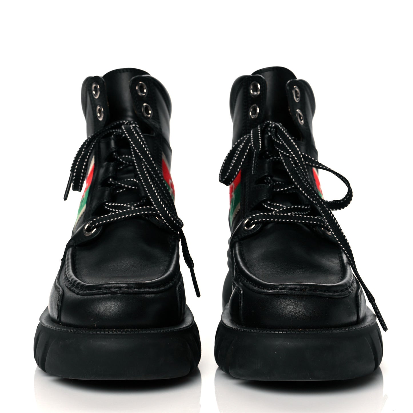 Quebec Calfskin Web Womens Interlocking G Lace Up Combat Boots 37.5 Black Mystic White Green Red