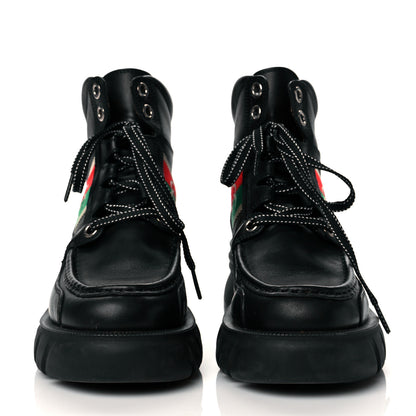 Gucci Quebec Calfskin Web Womens Interlocking G Lace Up Combat Boots 37.5 Black Mystic White Green Red 2 of 9