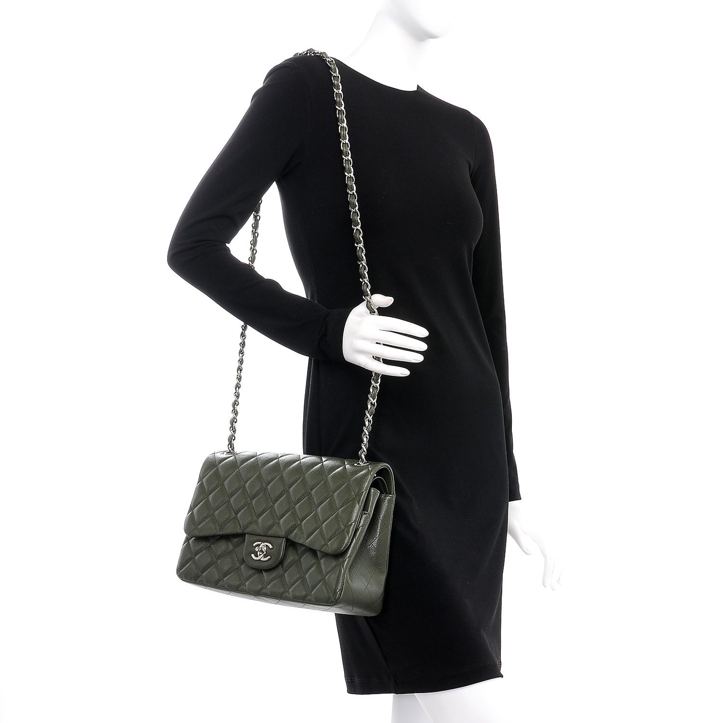 Caviar Quilted Jumbo Double Flap Dark Green