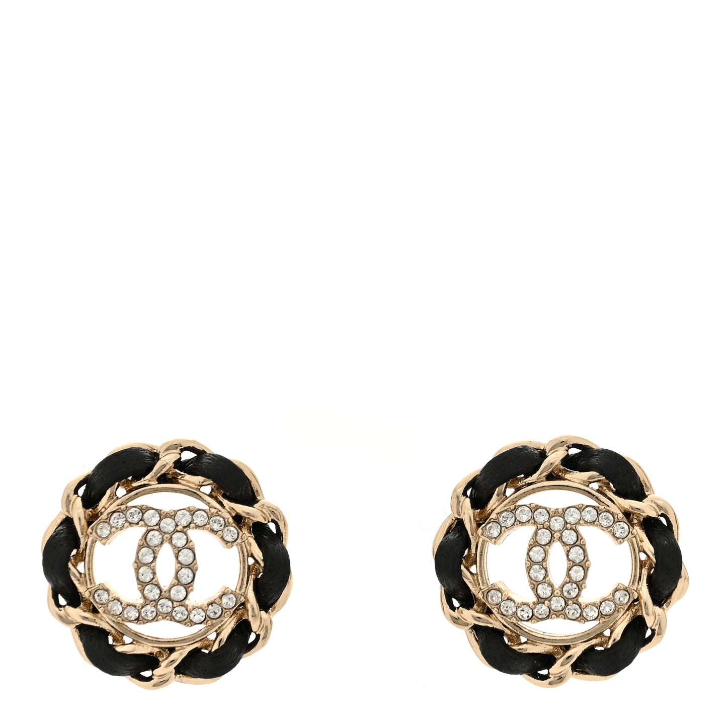 Crystal Lambskin Chain CC Stud Earrings Black Gold