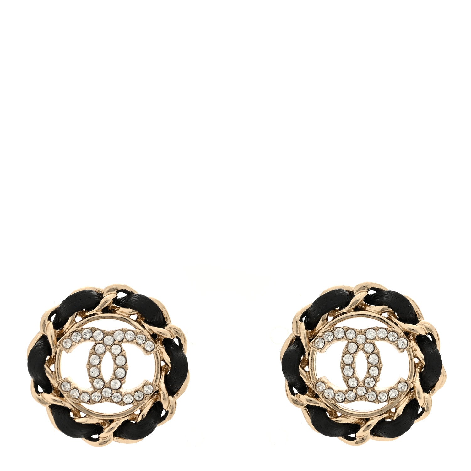 Chanel Crystal Lambskin Chain CC Stud Earrings Black Gold 1 of 5