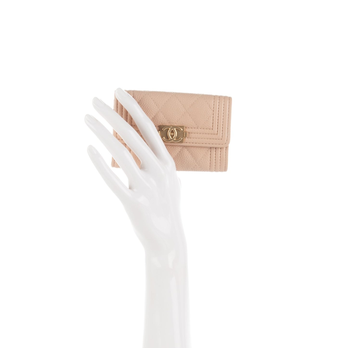 Caviar Quilted Boy Card Holder Wallet Beige Clair