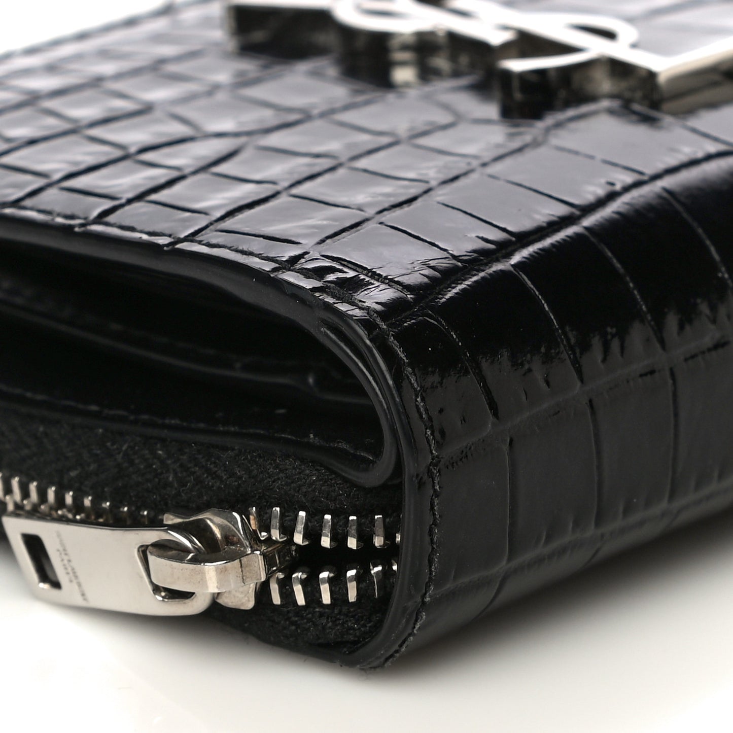 Calfskin Crocodile Embossed Monogram Compact Wallet Black