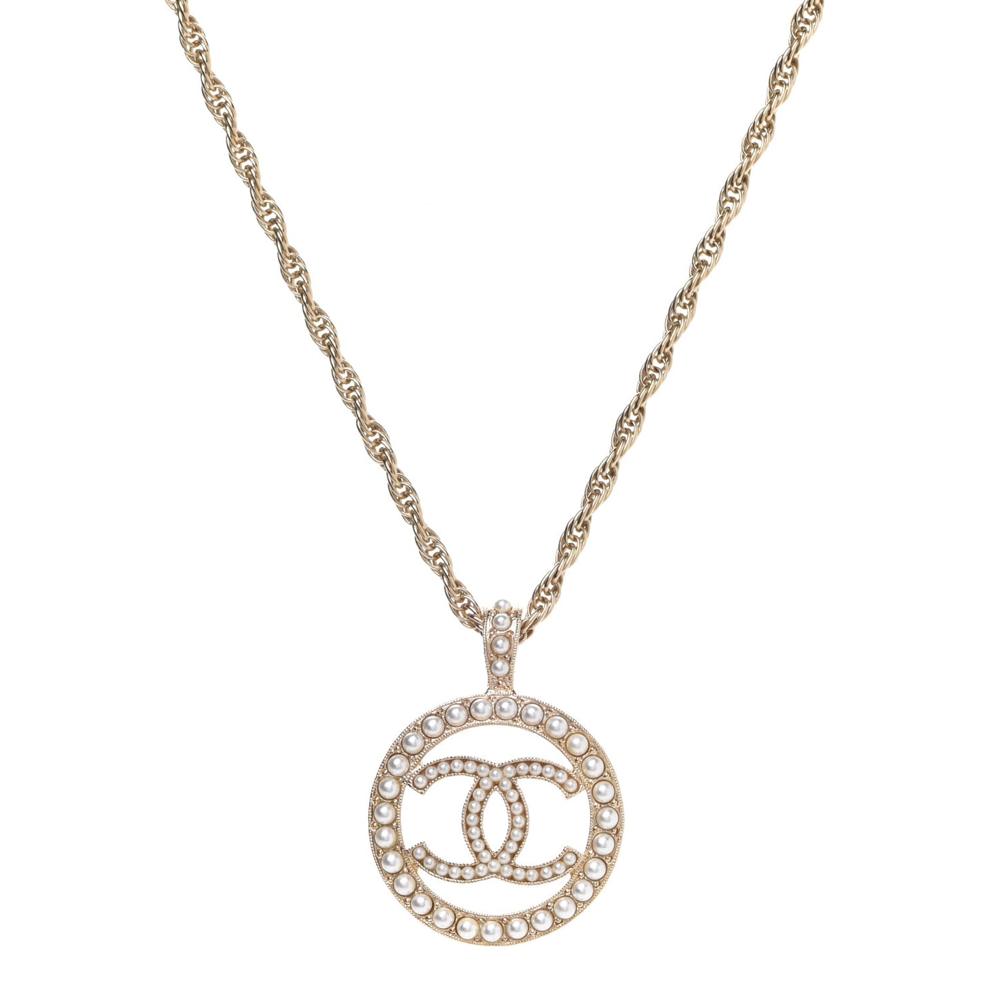 Pearl CC Round Pendant Necklace Gold