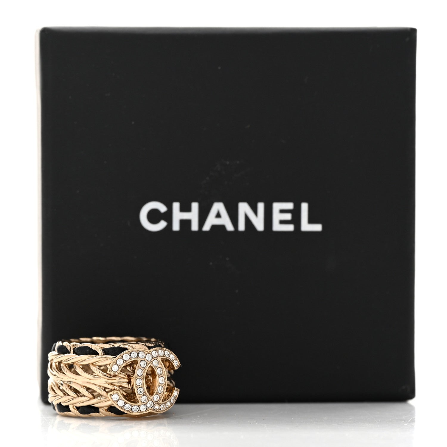 Chanel Metal Crystal Lambskin CC Ring 54 7 Gold Black 5 of 5