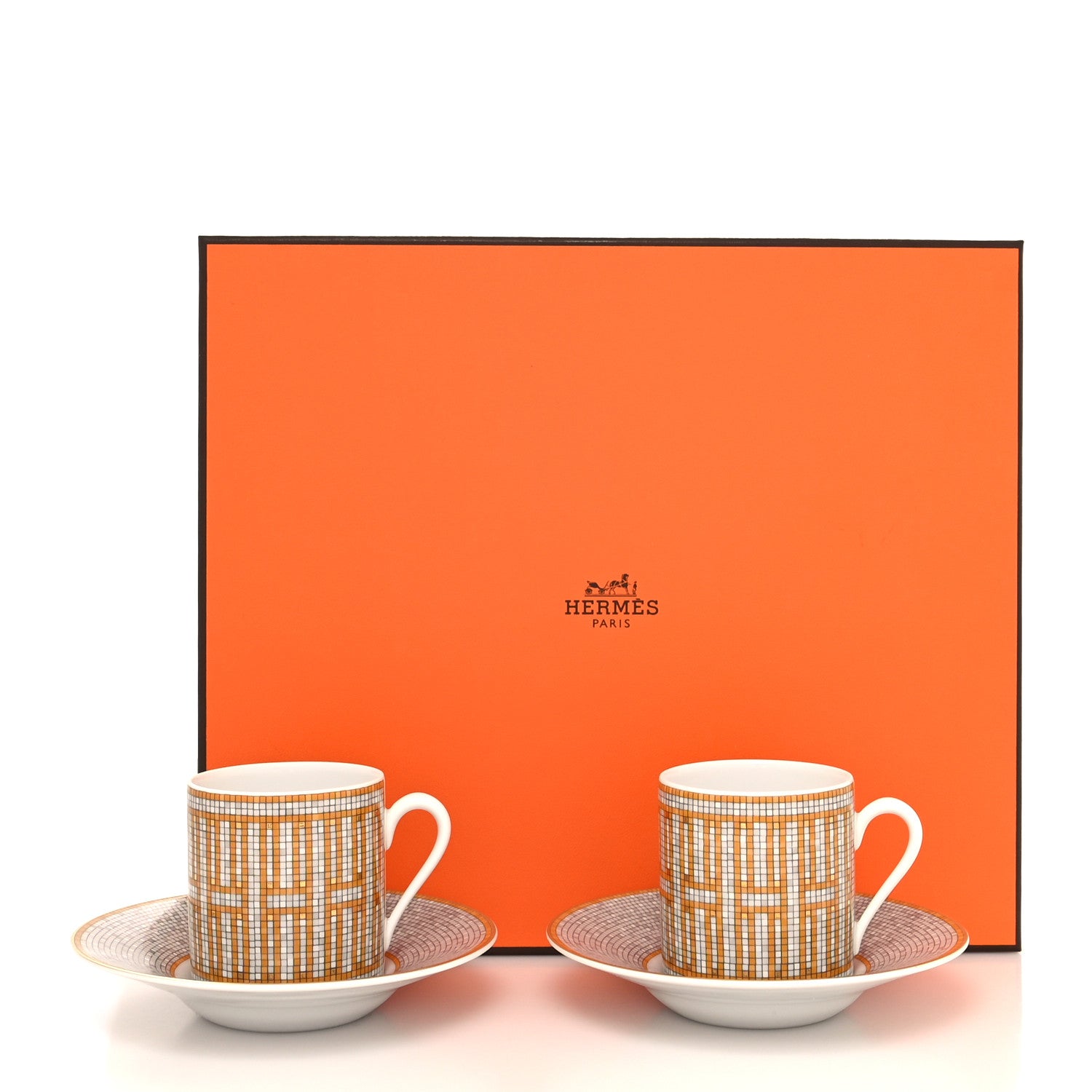 Hermes Porcelain Mosaique Au 24 Gold Coffee Cup and Saucer Set of 2 13 of 13