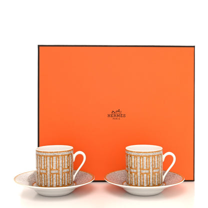 Hermes Porcelain Mosaique Au 24 Gold Coffee Cup and Saucer Set of 2 13 of 13