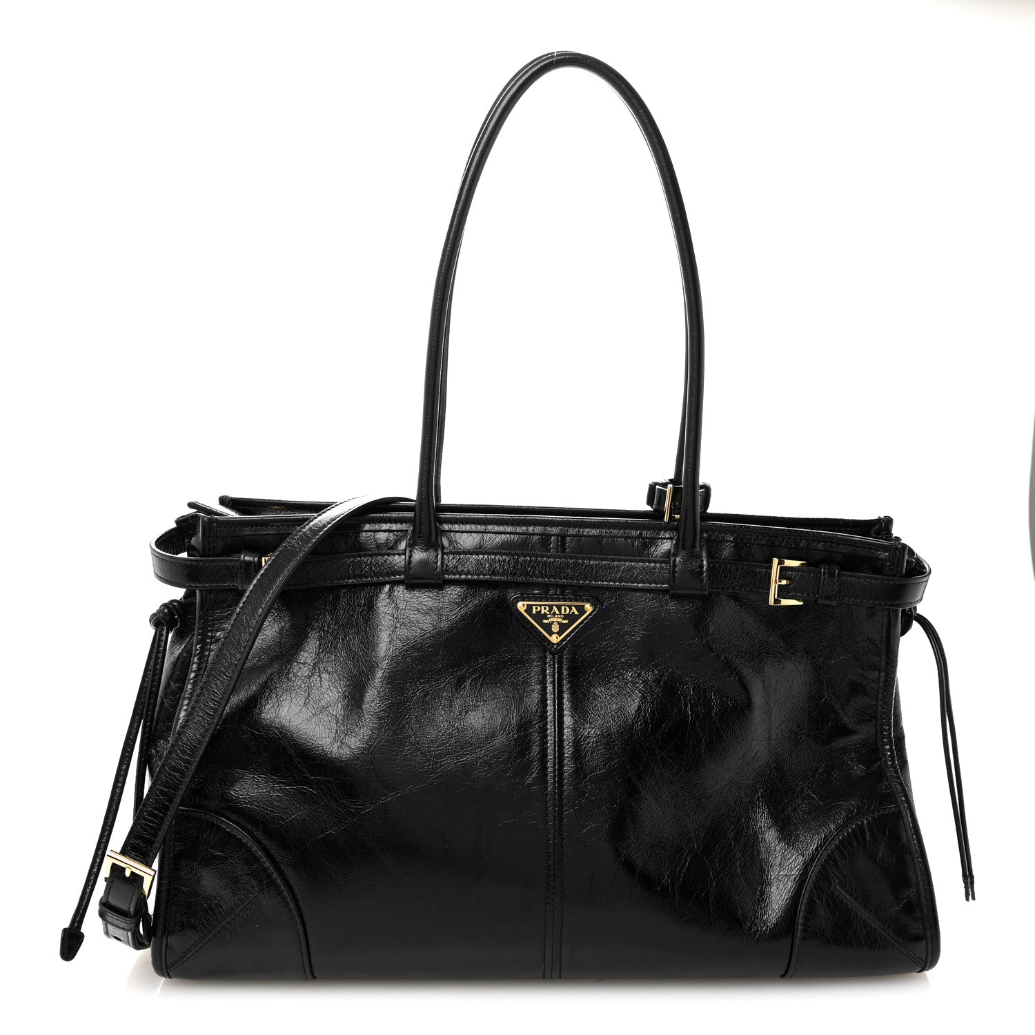 Prada Glossy Calfskin Triangle Large Bonnie Shoulder Bag Black 2 of 19