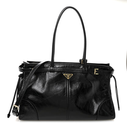 Prada Glossy Calfskin Triangle Large Bonnie Shoulder Bag Black 2 of 19