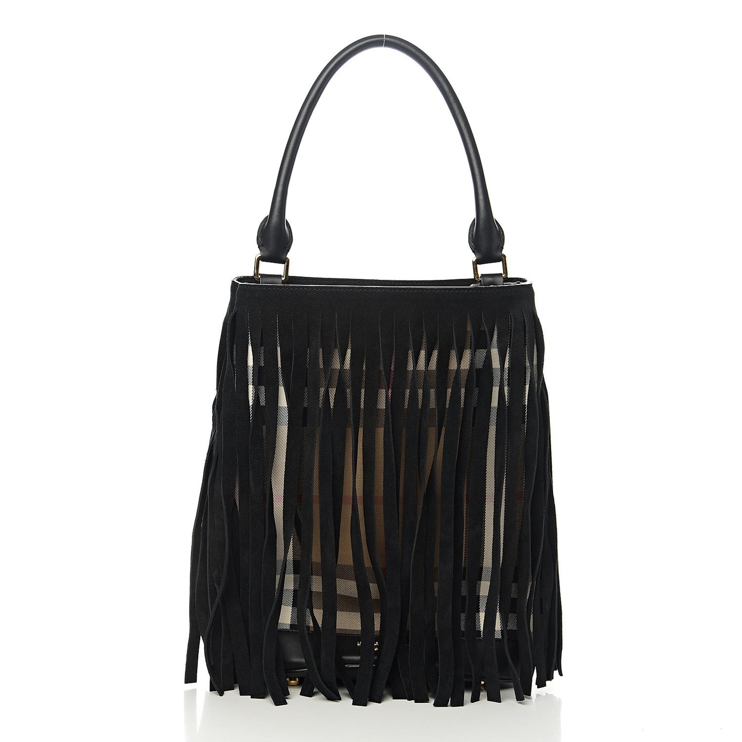 Prorsum Suede House Check Fringe Bucket Bag Black