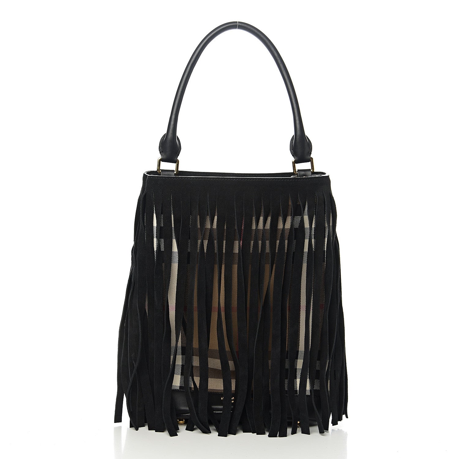 Burberry Prorsum Suede House Check Fringe Bucket Bag Black 2 of 9