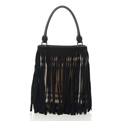 Burberry Prorsum Suede House Check Fringe Bucket Bag Black 2 of 9