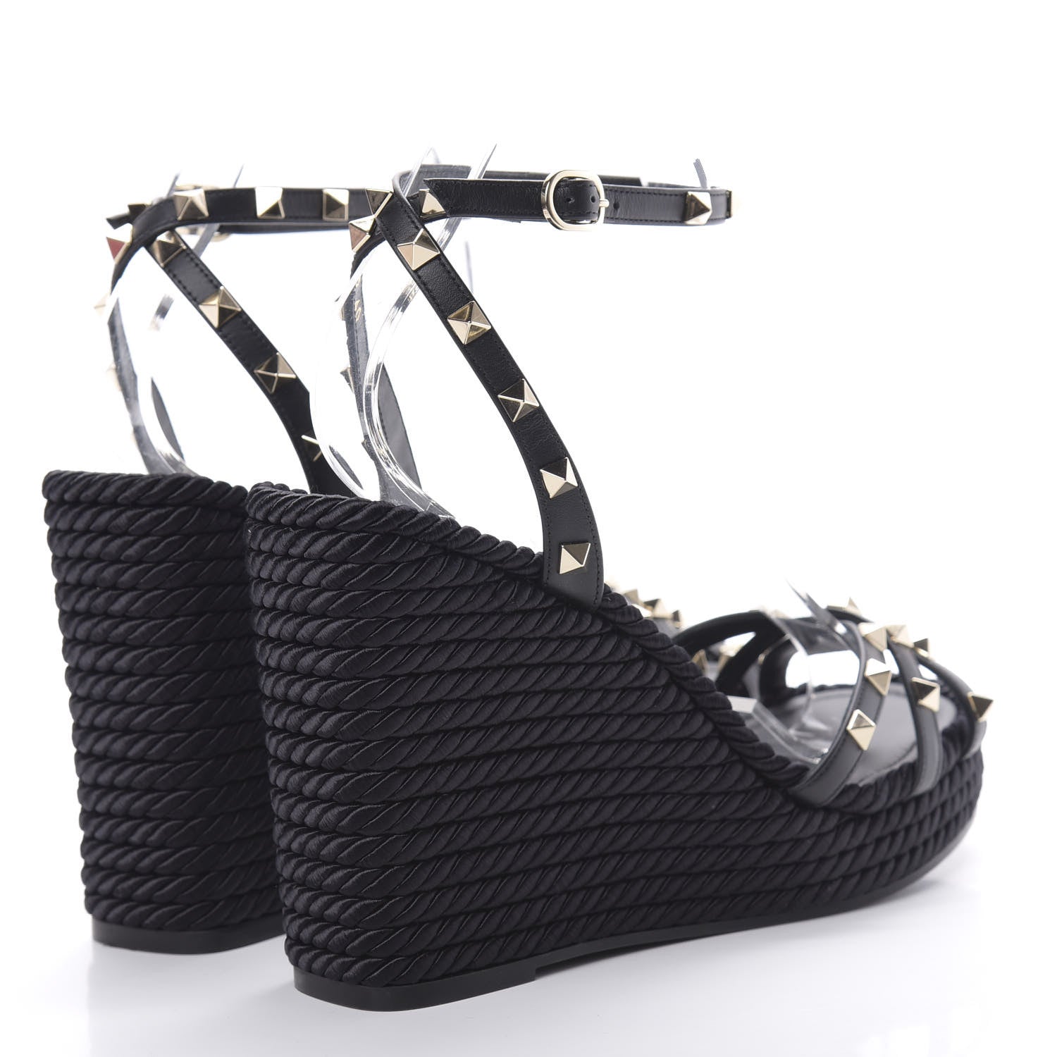 Valentino Garavani Calfskin Rockstud Ankle Strap Torchon Espadrille 25/95mm Wedge Sandals 40 Black 6 of 10
