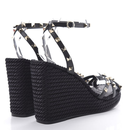 Valentino Garavani Calfskin Rockstud Ankle Strap Torchon Espadrille 25/95mm Wedge Sandals 40 Black 6 of 10