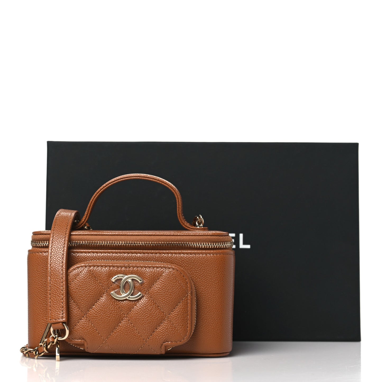 Caviar Quilted Top Handle Pocket Vanity Case Camel