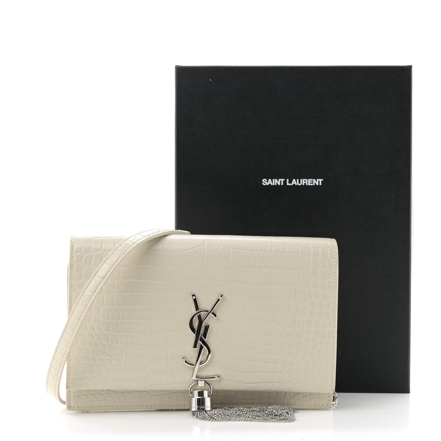 Calfskin Crocodile Embossed Kate Monogram Tassel Chain Wallet Crema Soft