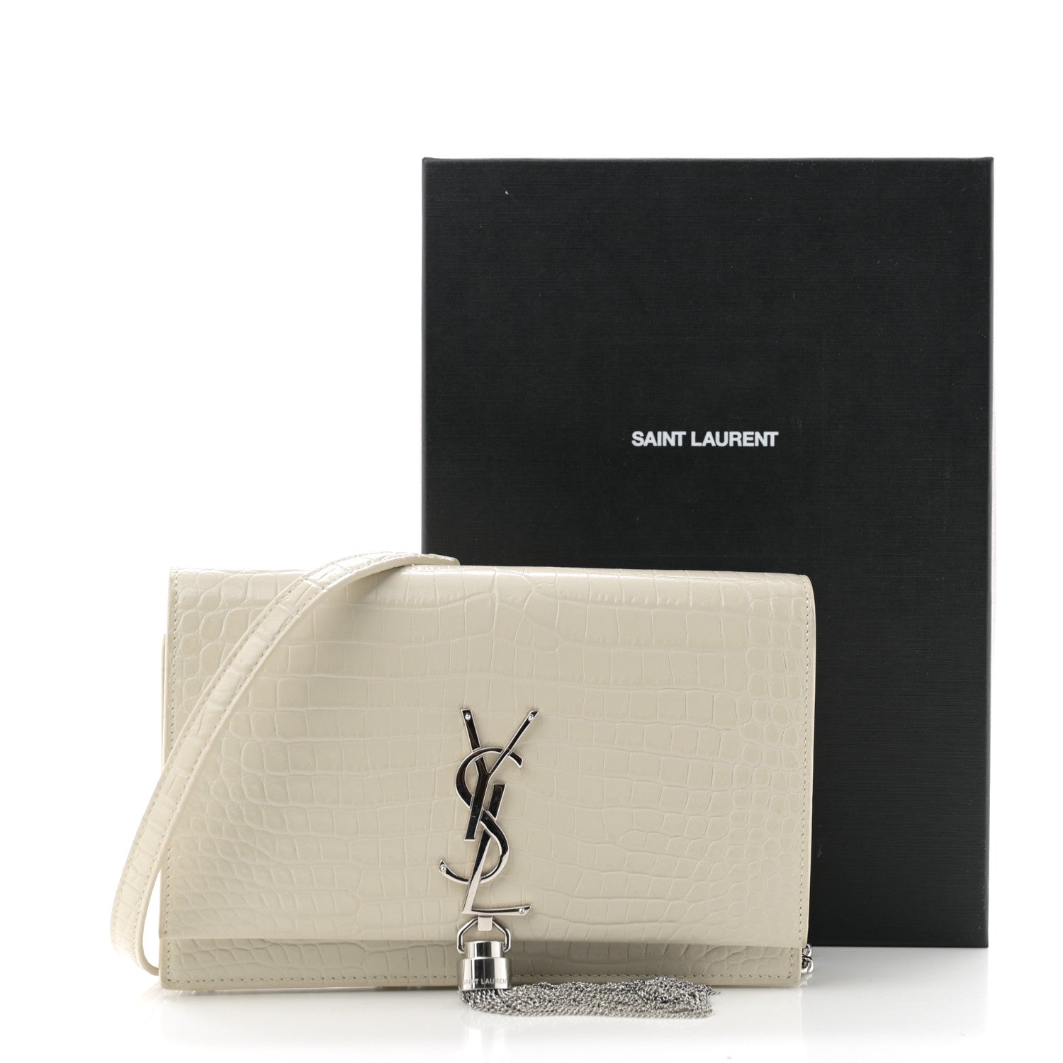 Saint Laurent Calfskin Crocodile Embossed Kate Monogram Tassel Chain Wallet Crema Soft 12 of 12