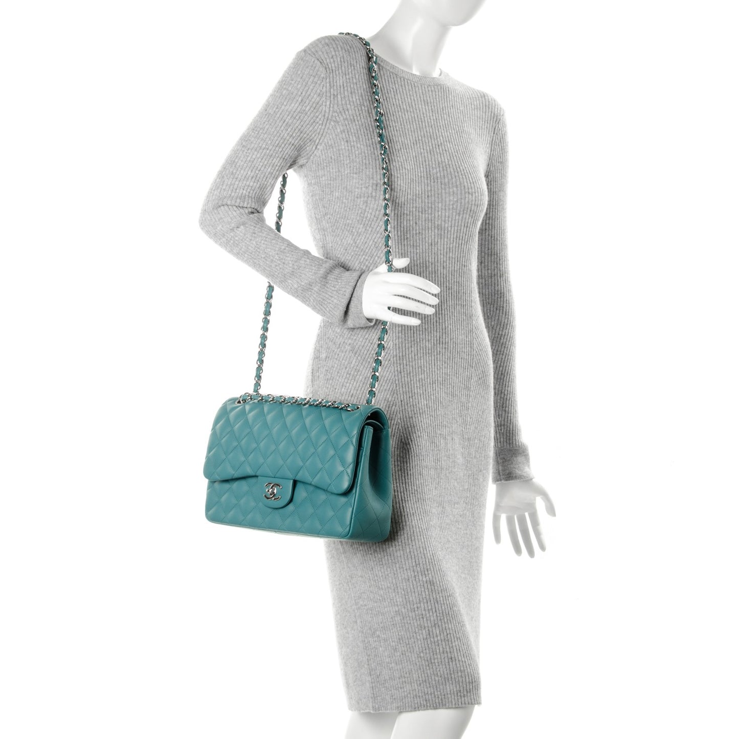 Lambskin Quilted Jumbo Double Flap Turquoise