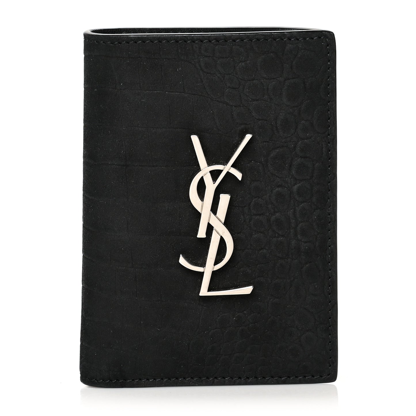 Calfskin Crocodile Embossed Monogram Credit Card Wallet Black